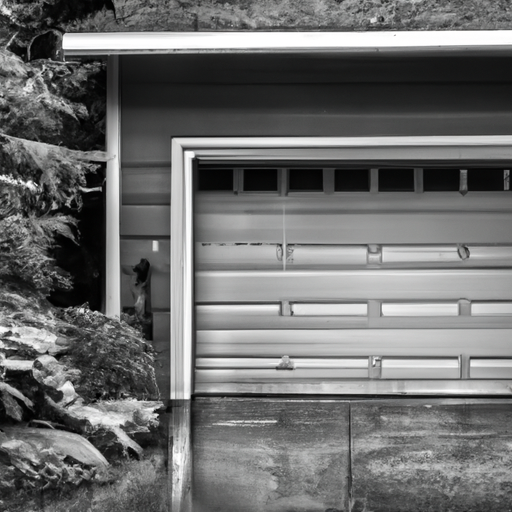 Modern sectional garage door with wood-grain panels on a wet driveway in Kenmore, WA; door hardware and weather seal visible.
