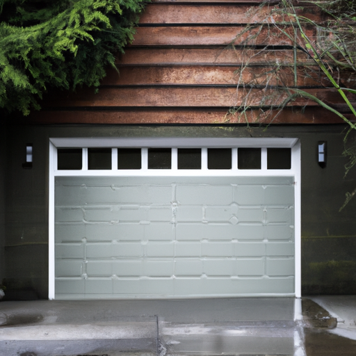 Closed suburban garage door with wood-grain steel panels on a wet Kenmore, WA street with evergreens in background