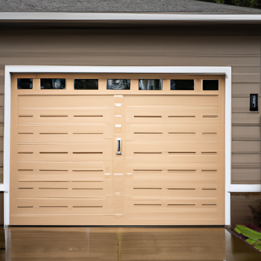 Kenmore suburban home exterior showing a modern sectional garage door on a wet driveway in overcast light.