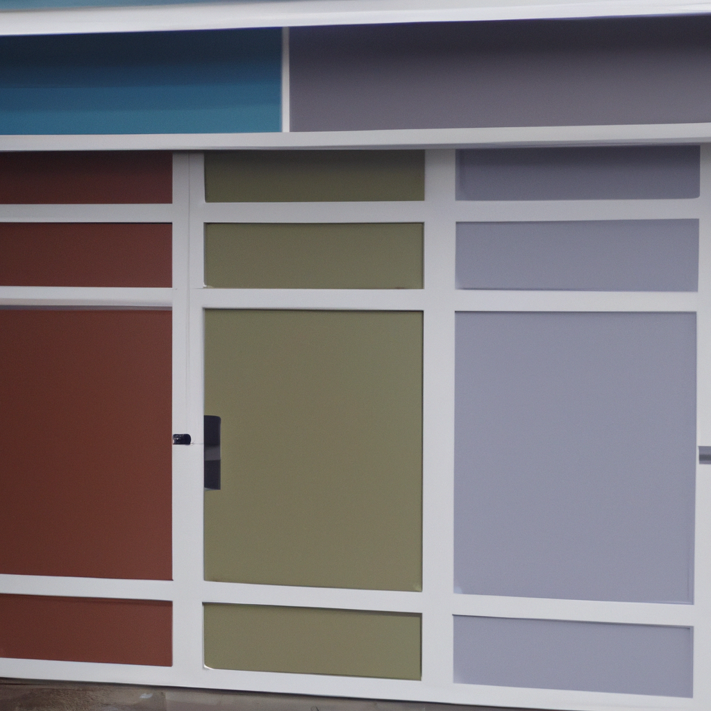 Close-up of a residential garage door in Kenmore, WA with paint color swatches laid out beside it