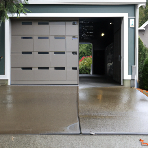 Modern residential garage door slightly open on a wet Kenmore street with evergreen backdrop, showing door panels and weather seal.