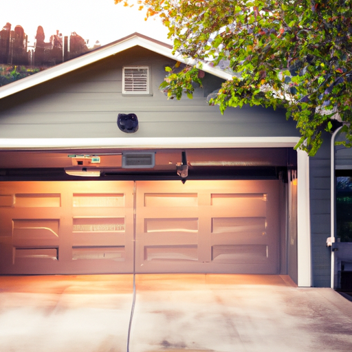 Kenmore residential garage at golden hour with visible automatic opener and damp pavement.