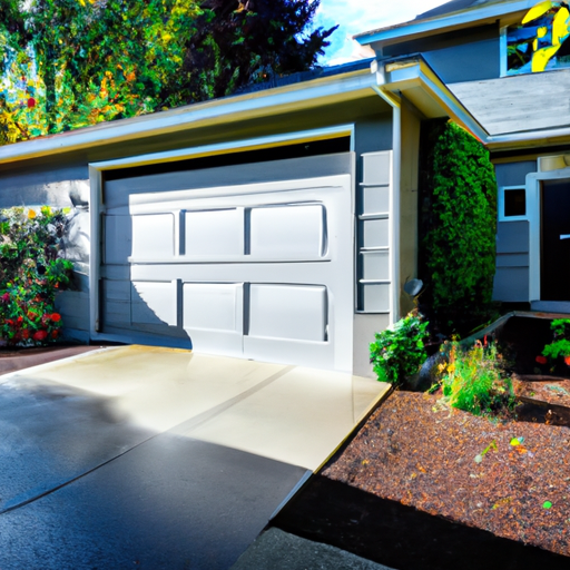 Suburban Kenmore home exterior showing a modern garage door and wet driveway after rain, door visible in full view.
