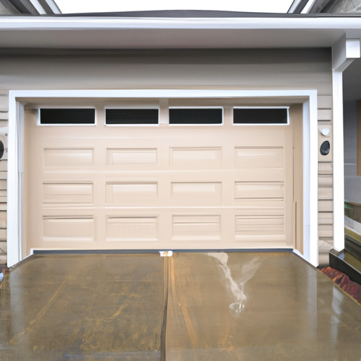 Kenmore home exterior with an insulated garage door, visible weatherstripping and wet driveway in overcast light