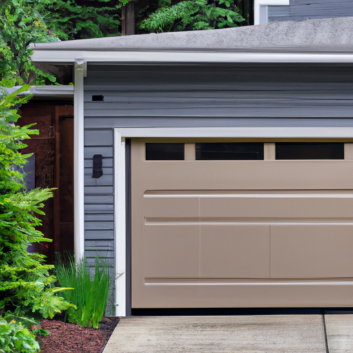 Modern garage door partially open at a Kenmore, WA home with Pacific Northwest landscaping, opener visible inside.