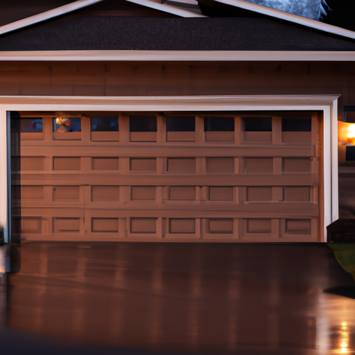 Sectional garage door of a Kenmore, WA home at dusk showing weatherstripping and tracks on a wet driveway.