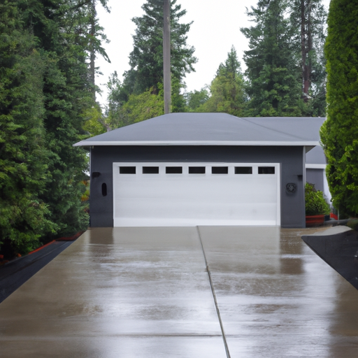 Kenmore home exterior with a closed modern garage door, wet driveway, and evergreen trees in background.