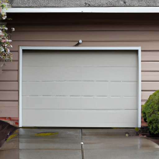 Suburban Kenmore garage door with visible bottom seal and damp pavement on an overcast day