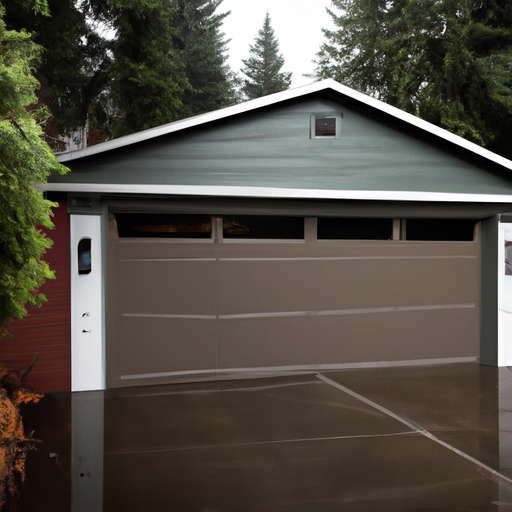 Suburban Kenmore home with a modern sectional garage door on an overcast day, wet driveway and evergreens in background.