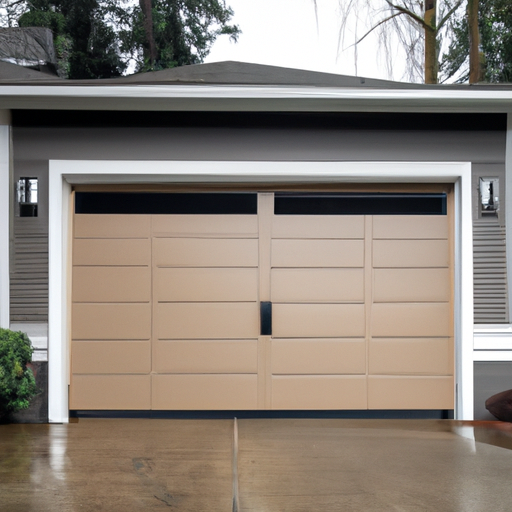 Kenmore suburban garage exterior with modern sectional door on an overcast day, wet pavement and evergreen backdrop.