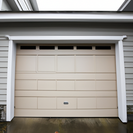 Suburban Kenmore, WA home with a closed residential garage door, visible hardware and damp pavement.