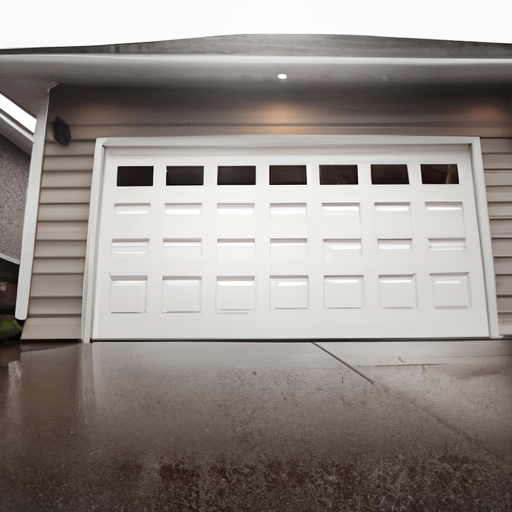Modern insulated sectional garage door closed in a Kenmore, WA residential exterior with visible bottom seal and threshold on a wet overcast morning.