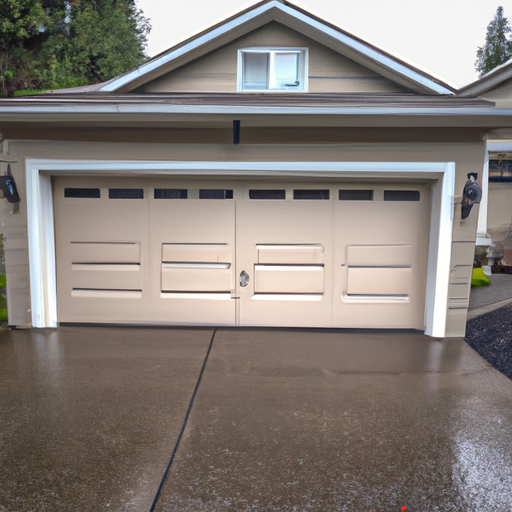 Wide shot of a Kenmore suburban home's sectional garage door on a damp overcast day; door, tracks and opener hardware visible.