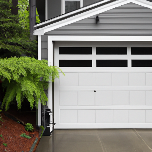 Insulated residential garage door on a Kenmore home with native landscaping on an overcast day.