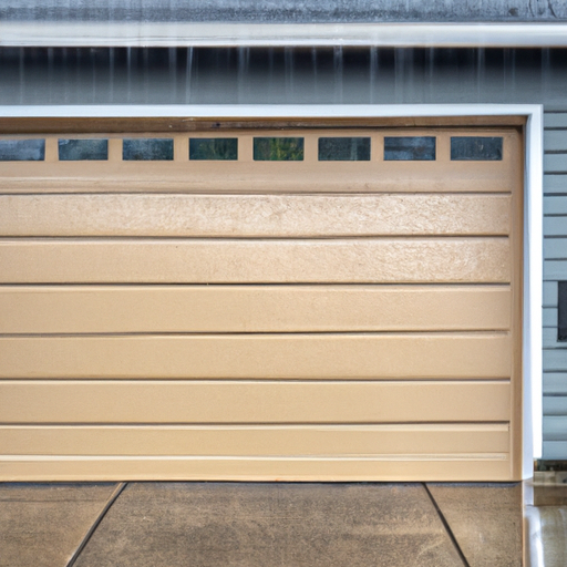 Insulated steel garage door with weather seal and wet driveway in a Kenmore, WA suburban home on an overcast morning.