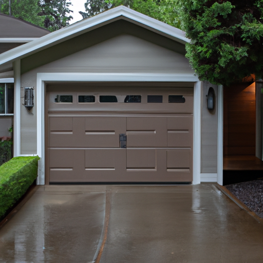 Sectional garage door visible on a modern Kenmore, WA home with wet driveway and evergreen backdrop.