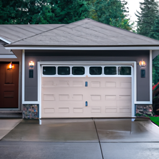 Kenmore suburban home exterior with a modern garage door and visible smart opener, early morning, wet pavement and evergreens in background.