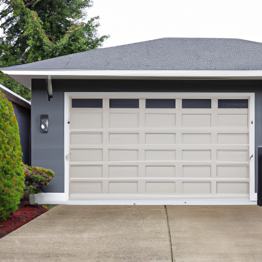 Insulated steel garage door in a Kenmore, WA home with a smart keypad and Pacific Northwest foliage.