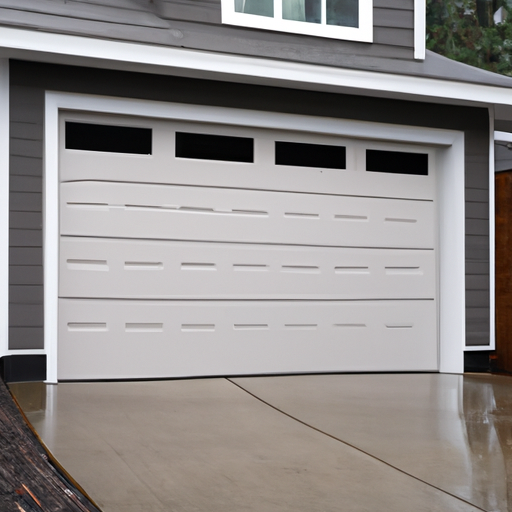 Insulated garage door on a Kenmore, WA home on an overcast day, wet driveway visible