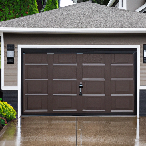 Insulated sectional garage door closed on a suburban Kenmore home with visible bottom seal and wet driveway after light rain.