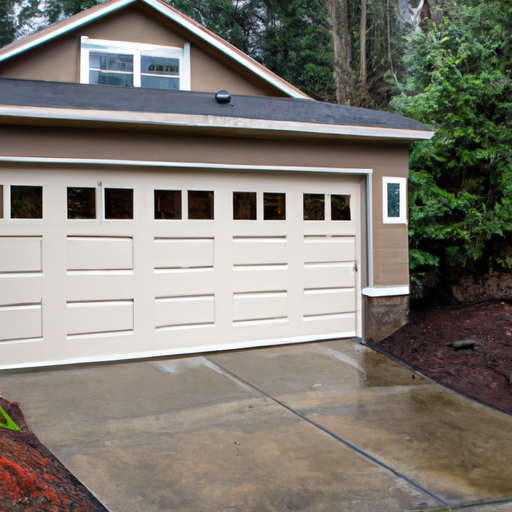 Suburban Kenmore home with an insulated sectional garage door, wet driveway and evergreen trees in the background.