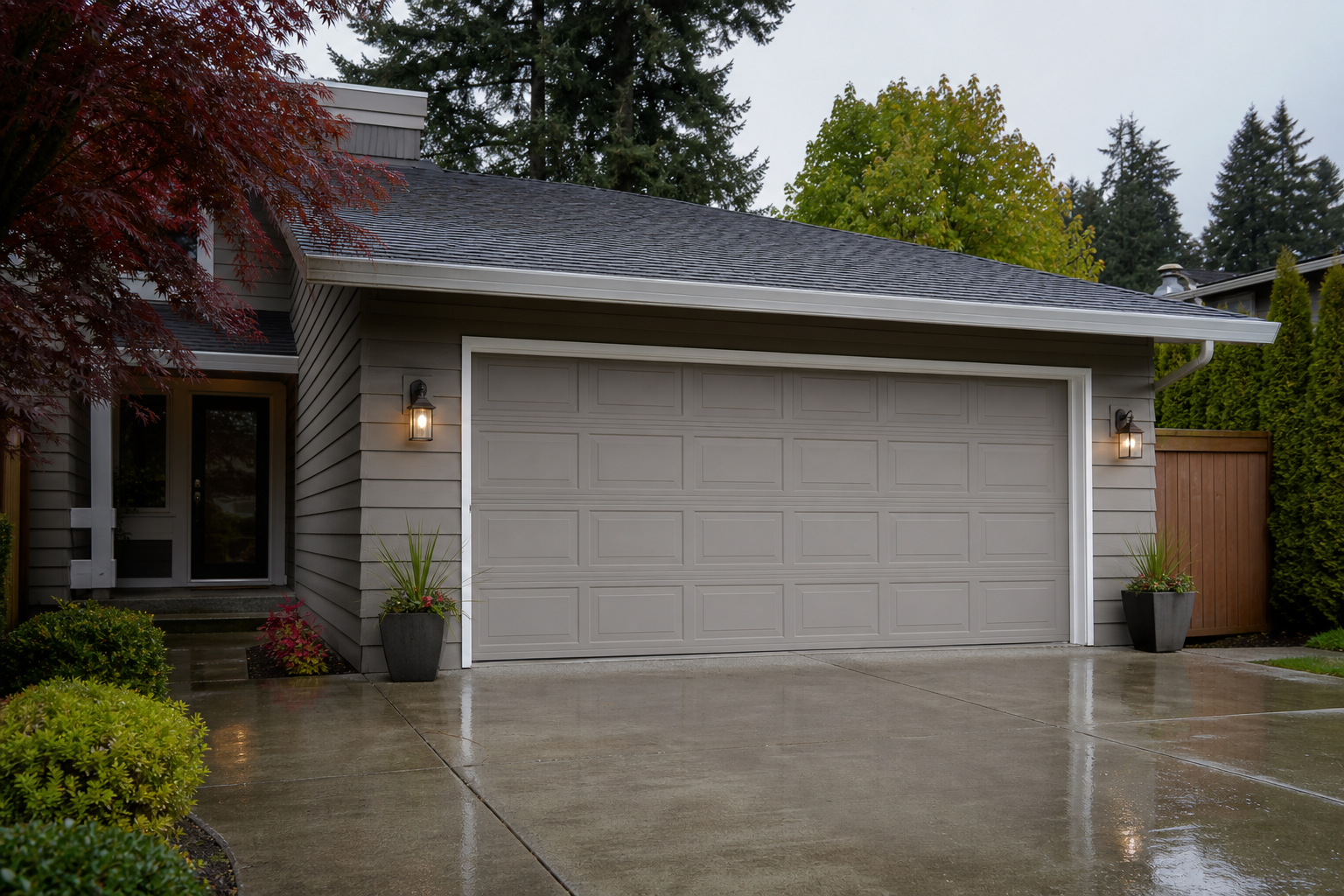 Rain-damp suburban garage door exterior in Kenmore, WA